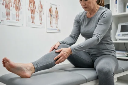 Femme d'âge mûr consultant un médecin pour un kyste au genou dans un cabinet orthopédique moderne