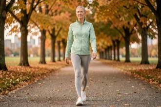 Femme de 65 ans marchant d'un pas énergique sur un sentier de parc en automne pour perdre du poids
