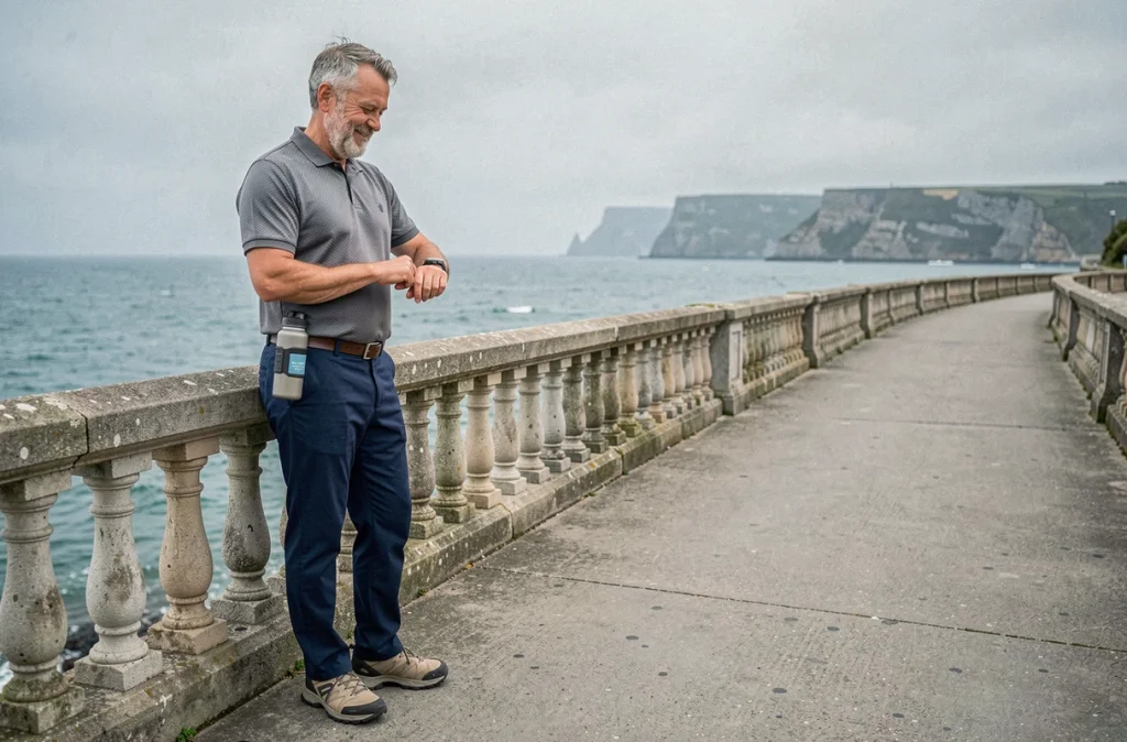 Homme senior de 68 ans vérifiant son podomètre lors d'une marche sur une promenade côtière