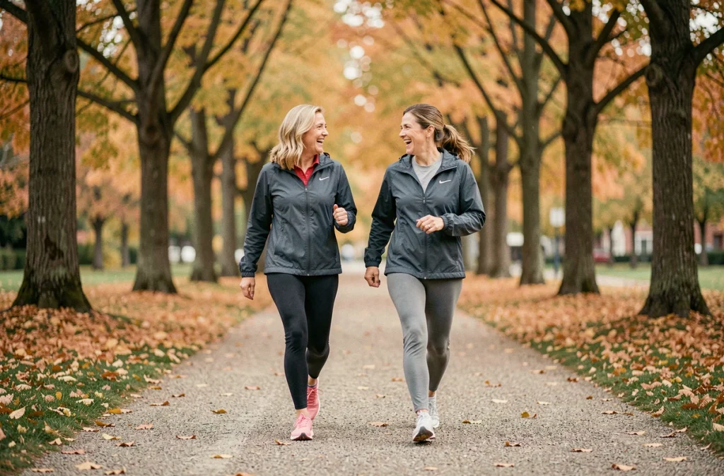 Deux femmes d'une cinquantaine d'années marchant ensemble dans un parc en automne, illustrant l'activité physique régulière recommandée pour limiter la prise de poids à la ménopause