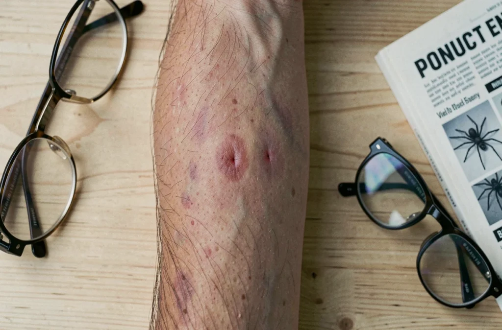 Gros plan sur deux marques de piqûre d'araignée sur un avant-bras humain avec guide d'identification posé à côté