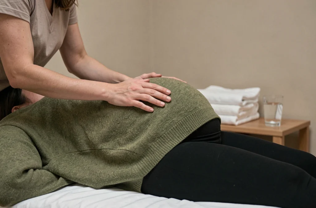 Massage prénatal du dos pour soulager les douleurs lombaires chez la femme enceinte