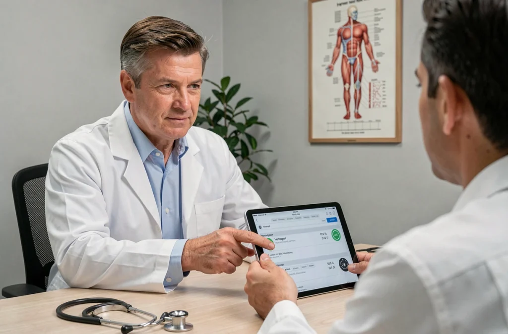 Médecin généraliste expliquant à un patient les résultats d'un VGM élevé sur une tablette numérique