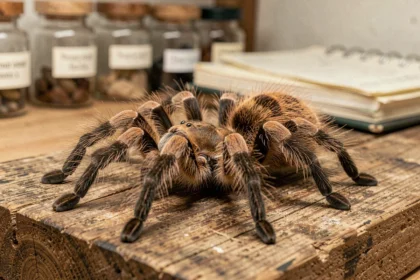 Mygale vue de près sur une surface en bois, détail des poils et anatomie de l'araignée en contexte naturaliste