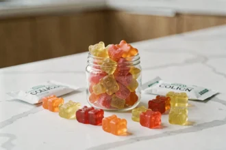 Oursons au collagène Bears with Benefits dans un pot en verre sur un comptoir en marbre blanc
