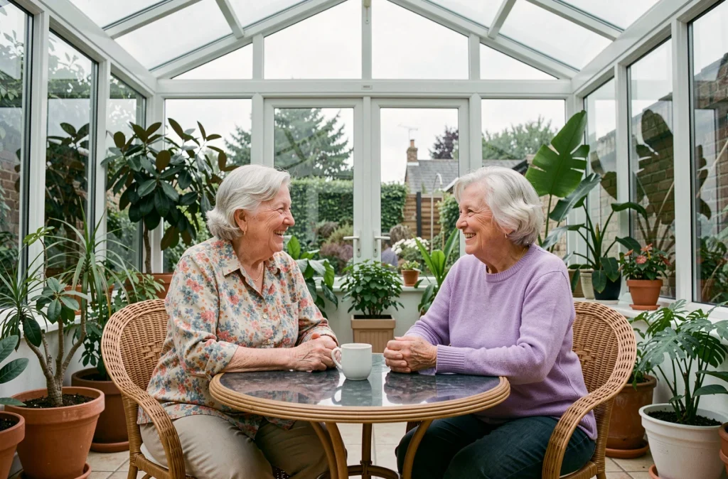 Deux femmes âgées souriantes conversant autour d'une table dans un jardin d'hiver lumineux, entourées de plantes vertes et baignées de lumière naturelle