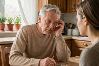 Un homme âgé tendant l'oreille avec difficulté lors d'une conversation familiale dans une cuisine, illustrant la perte auditive liée à l'âge