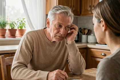 Un homme âgé tendant l'oreille avec difficulté lors d'une conversation familiale dans une cuisine, illustrant la perte auditive liée à l'âge