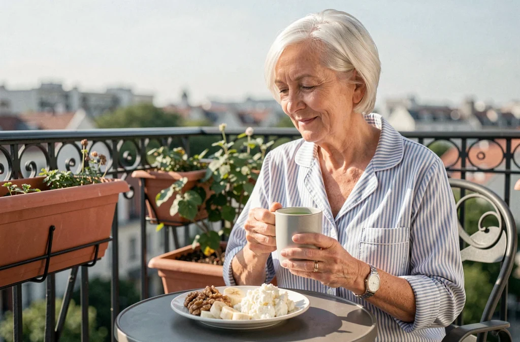 Femme senior souriante savourant un petit-déjeuner léger et équilibré avec noix et fromage blanc sur un balcon urbain le matin