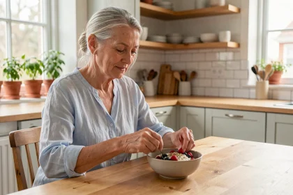 Femme senior de 65 ans préparant un petit-déjeuner sain et équilibré avec yaourt grec et fruits rouges dans une cuisine chaleureuse