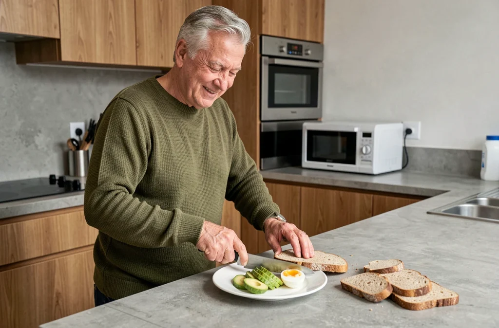 Homme senior de 70 ans préparant un petit-déjeuner minceur avec pain complet, avocat et œuf à la coque dans une cuisine moderne