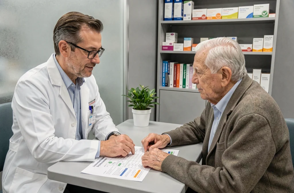 Pharmacien en consultation avec un senior autour d'un plan de médication dans un espace privatif de pharmacie