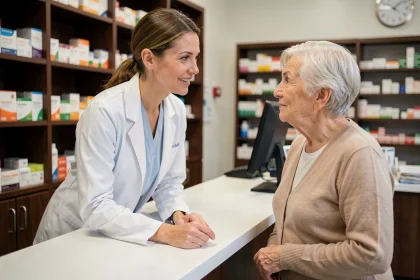 Pharmacienne expliquant un traitement médicamenteux à une patiente âgée au comptoir d'une pharmacie