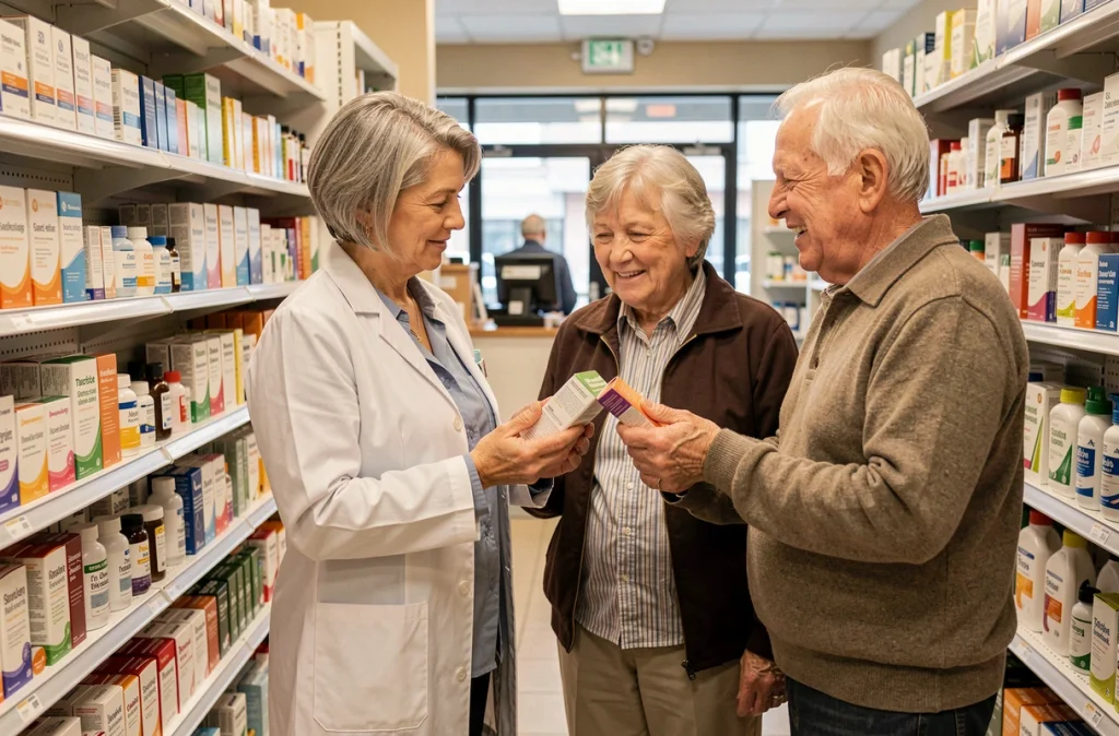 Pharmacienne aidant un couple de seniors à choisir un produit de santé dans le rayon d'une pharmacie