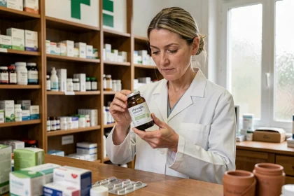 Pharmacienne lisant les instructions du phytargile concentré derrière son comptoir en pharmacie
