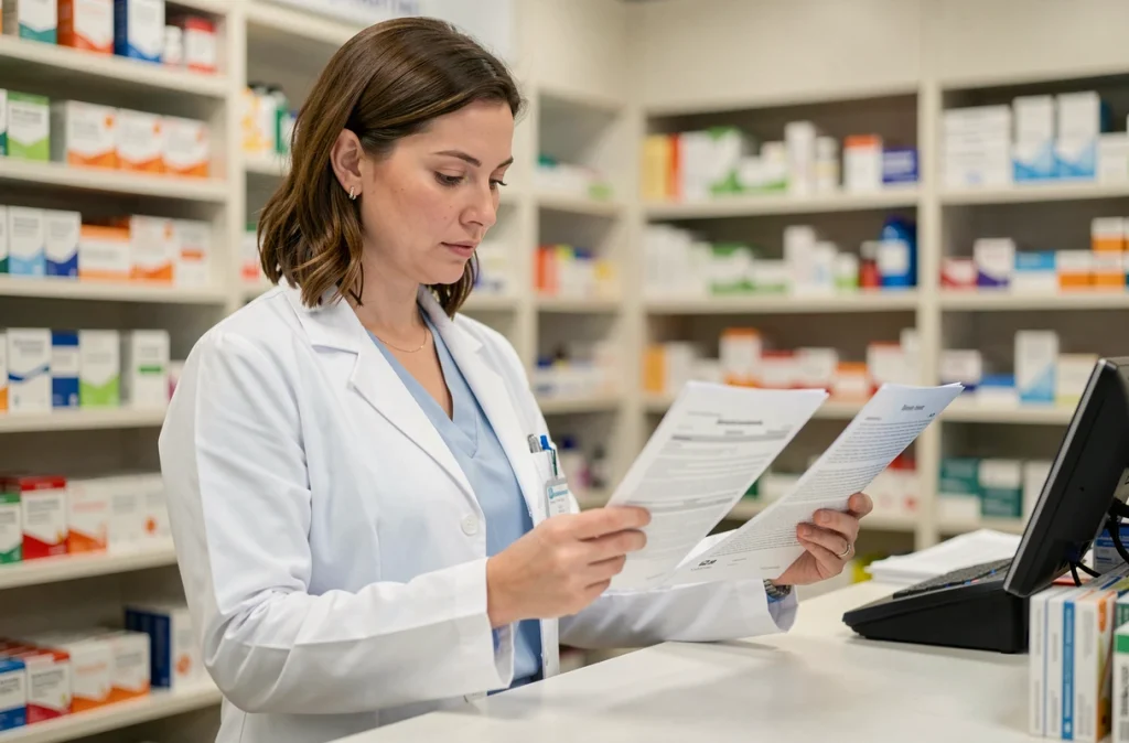 Pharmacienne examinant une ordonnance au comptoir, représentant le rôle du professionnel de santé dans le traitement des infections urinaires