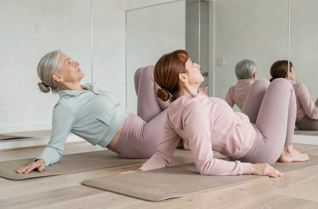 Deux femmes seniors pratiquant le Pilates ensemble dans un studio de fitness minimaliste pour affiner leur silhouette