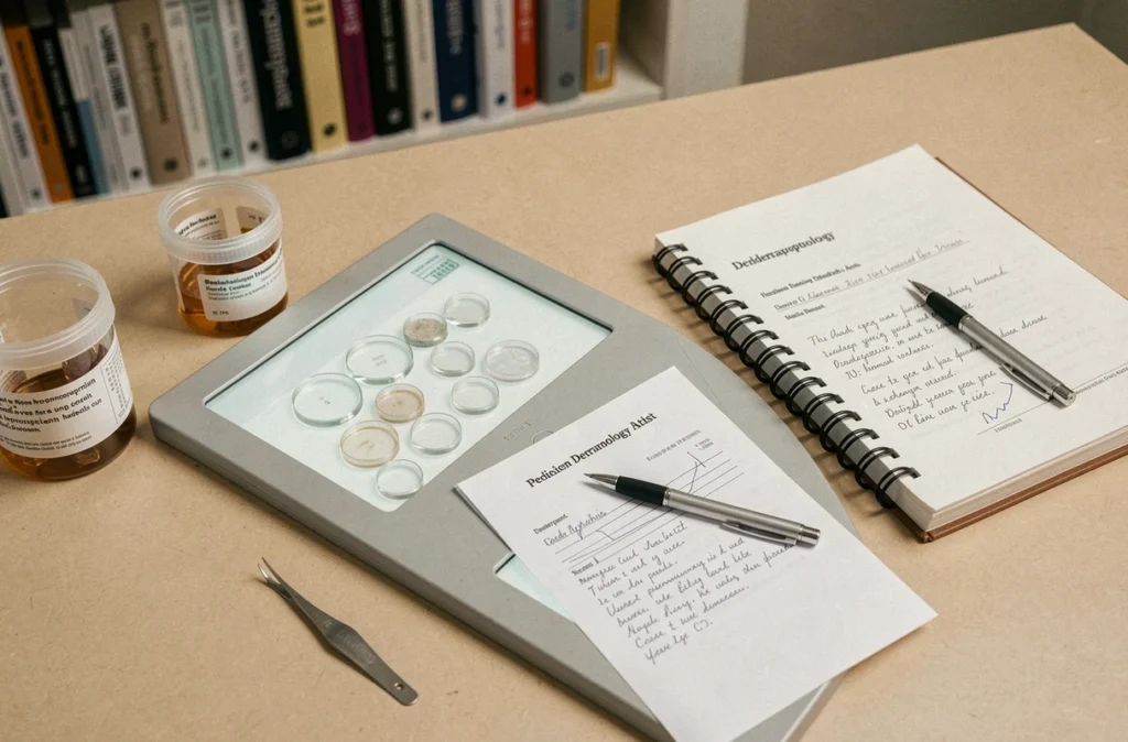 Table de travail d'un dermatopathologue avec lames histologiques, atlas médical et rapport diagnostique pédiatrique