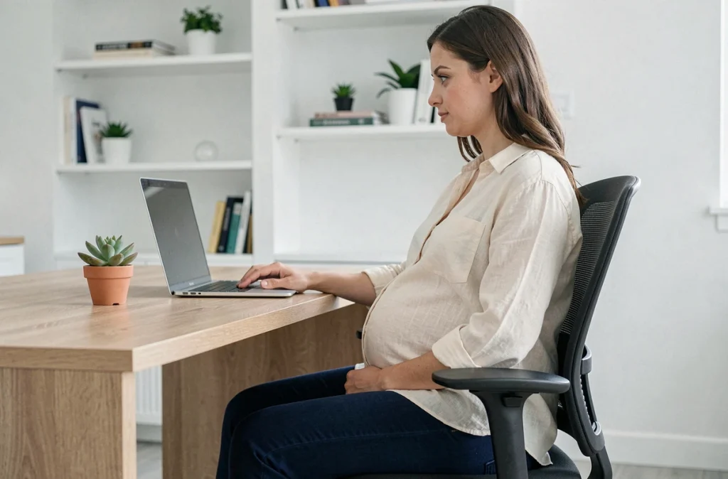 Femme enceinte assise avec une bonne posture au bureau pour éviter les douleurs dorsales
