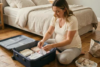 Femme enceinte qui prépare sa valise de maternité en pliant des vêtements de bébé dans sa chambre