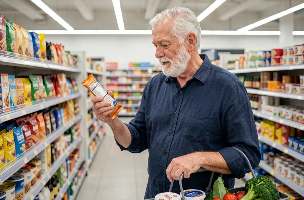 Homme retraité lisant attentivement les étiquettes nutritionnelles dans un supermarché pour éviter les grignotages sucrés