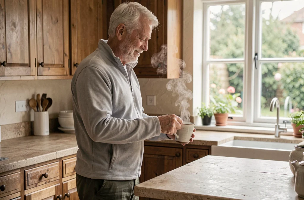Homme retraité préparant une tisane apaisante dans sa cuisine pour soulager une bronchite chronique au quotidien