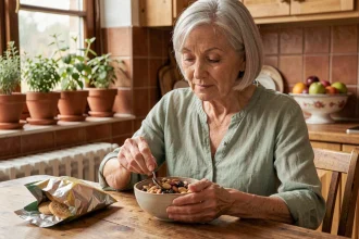 Femme retraitée aux cheveux argentés choisissant une collation saine à base de noix plutôt que des biscuits dans une cuisine chaleureuse
