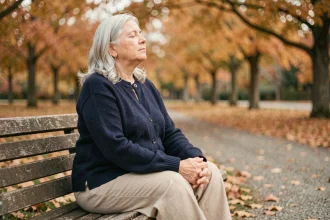 Femme retraitée pratiquant des exercices de respiration en plein air pour mieux vivre avec une bronchite chronique