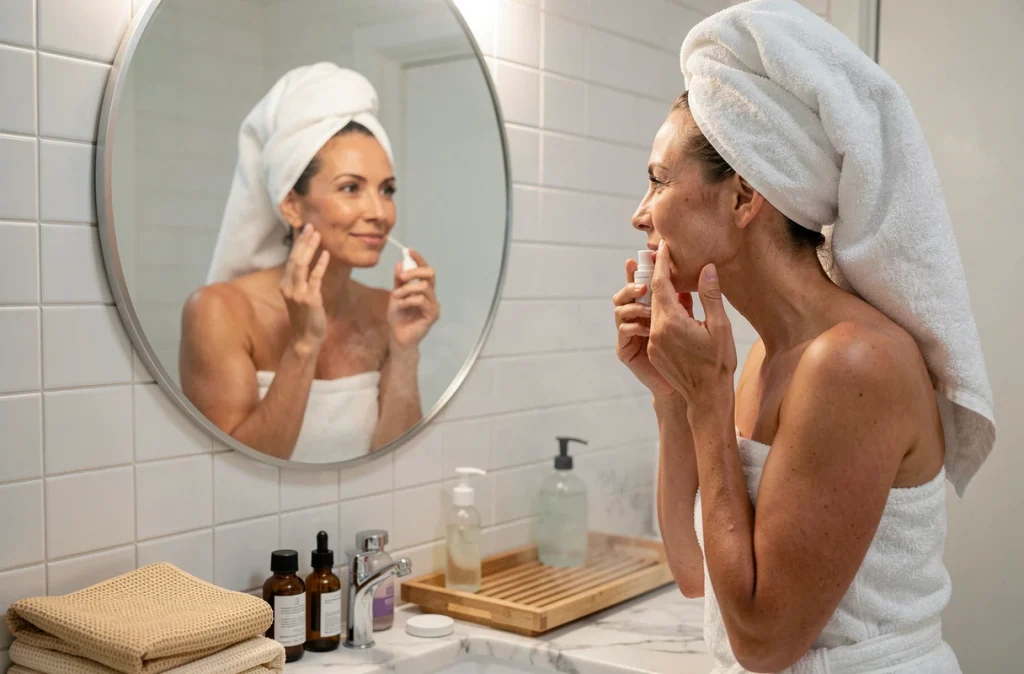 Femme appliquant un sérum de soin devant le miroir de sa salle de bain dans le cadre d'une routine apaisante du soir avant le sommeil