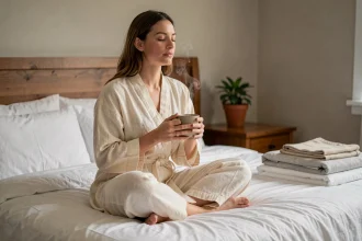 Femme en robe de chambre tenant une tasse de tisane assise sur son lit dans une chambre apaisante pour favoriser un sommeil réparateur