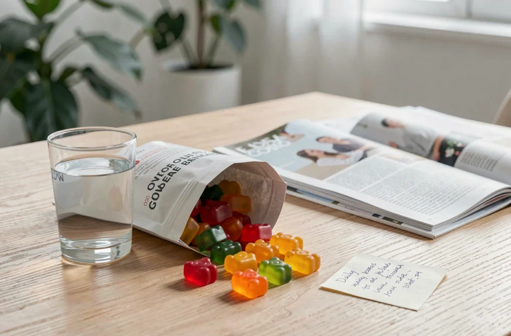 Sachet d'oursons au collagène renversé sur une table en bois avec un verre d'eau et un magazine