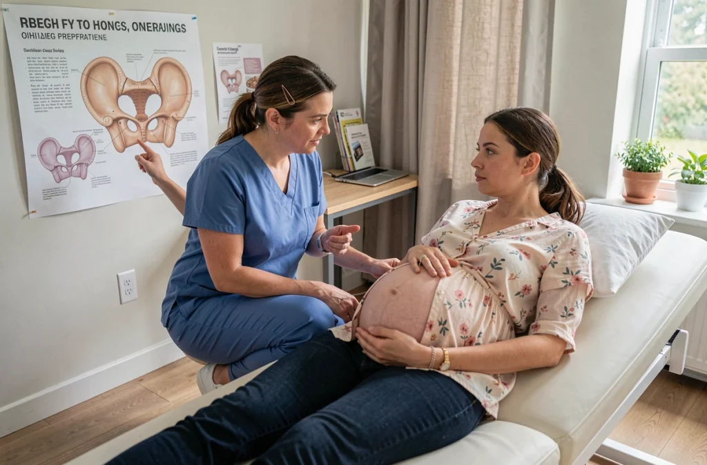 Sage-femme expliquant l'accouchement à une femme enceinte lors d'une consultation individuelle de préparation à la naissance