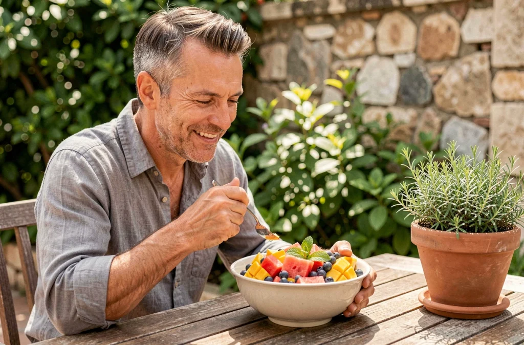 Homme dégustant une salade de fruits frais en plein air sur une terrasse méditerranéenne