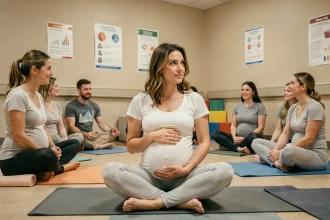 Groupe de femmes enceintes participant à une séance de préparation à la naissance en maternité avec une sage-femme
