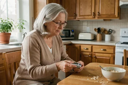 Femme senior vérifiant sa glycémie avec un glucomètre à la table de cuisine pour prévenir les complications du diabète