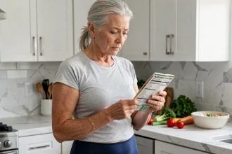 Femme senior en tenue de sport lisant une étiquette nutritionnelle dans une cuisine moderne, illustrant les erreurs alimentaires fréquentes lors de la perte de poids après 60 ans