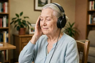 Une femme âgée souriante écoutant de la musique au casque lors d'une séance de musicothérapie dans une salle communautaire chaleureuse