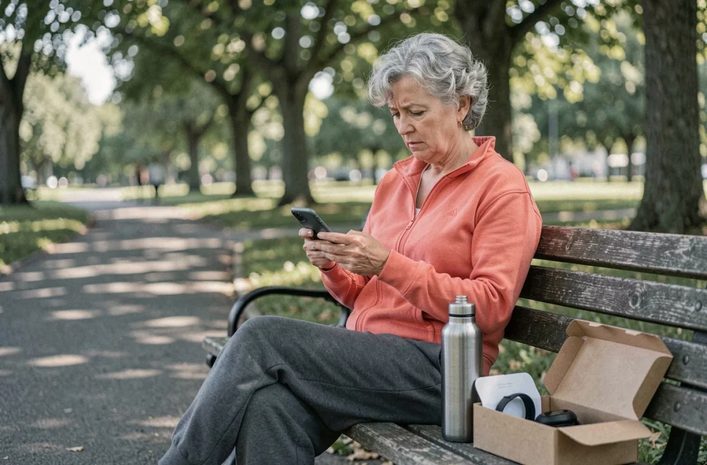 Femme senior assise sur un banc de parc avec un bracelet connecté non utilisé, représentant les obstacles technologiques et motivationnels dans la perte de poids chez les personnes âgées