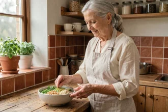 Femme senior préparant un repas riche en protéines végétales avec pois chiches, quinoa et avocat dans une cuisine rustique