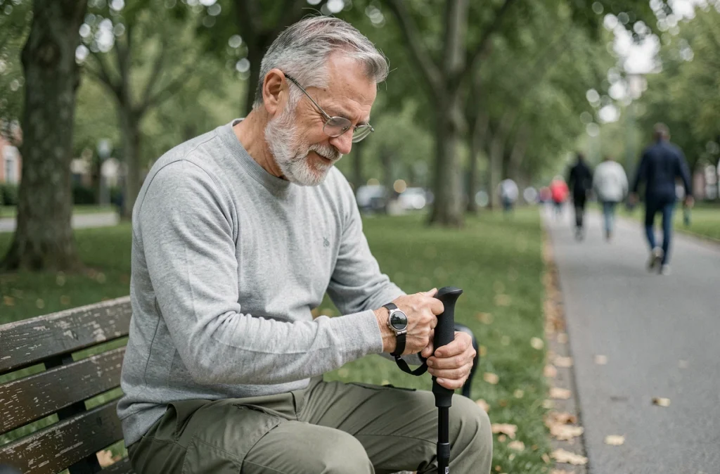 Senior homme ajustant ses bâtons de marche nordique dans un parc urbain