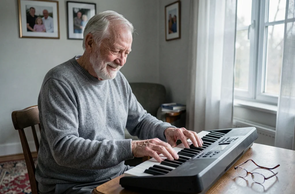 Un homme âgé jouant seul sur un clavier numérique chez lui dans le cadre d'une pratique personnelle de musicothérapie