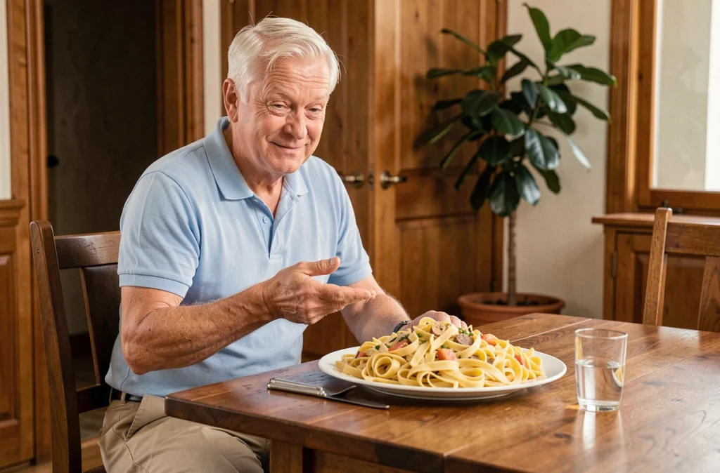 Homme senior assis devant une portion trop grande de pâtes, symbolisant l'erreur courante de mal évaluer les portions lors d'un régime minceur après 70 ans