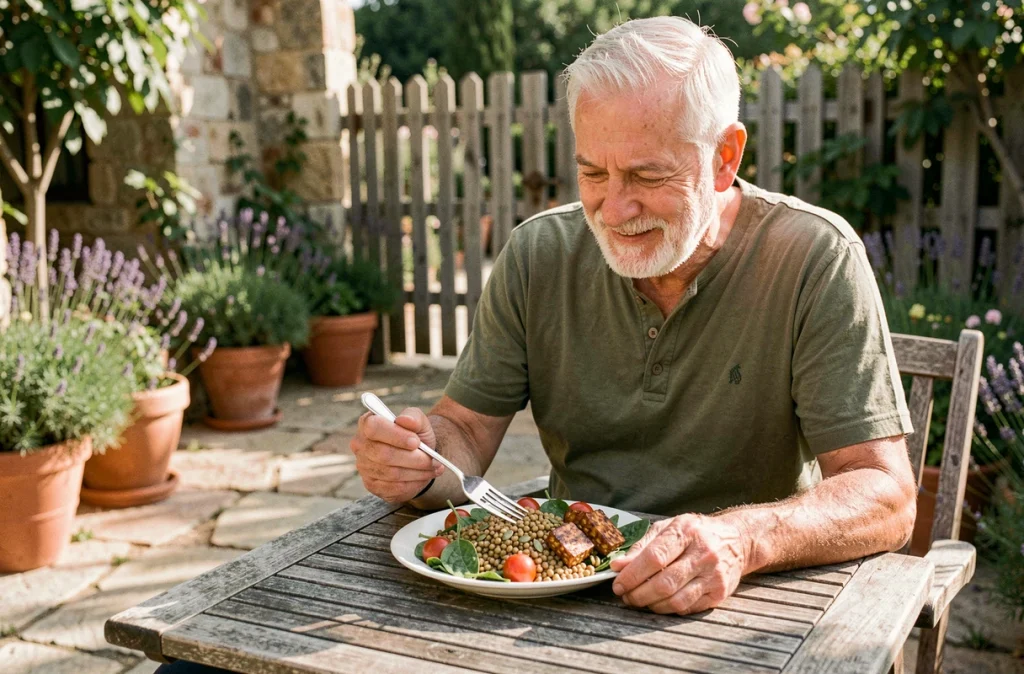 Senior homme mangeant une salade de lentilles et tempeh en terrasse extérieure pour une alimentation minceur durable