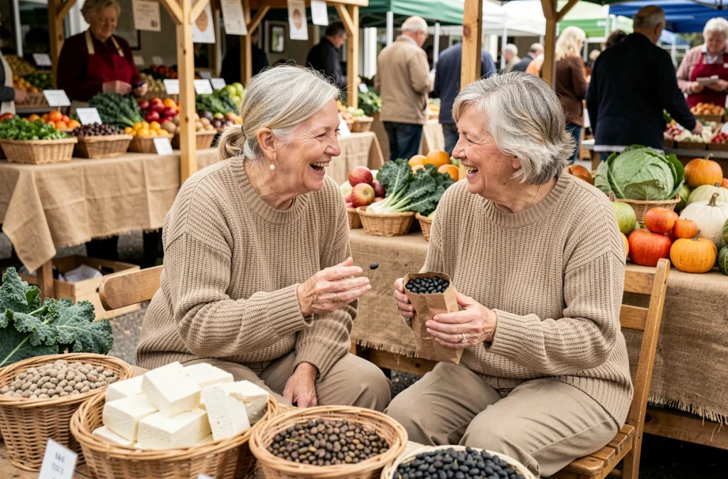 Deux femmes seniors au marché découvrant des produits riches en protéines végétales comme le tofu et les légumineuses