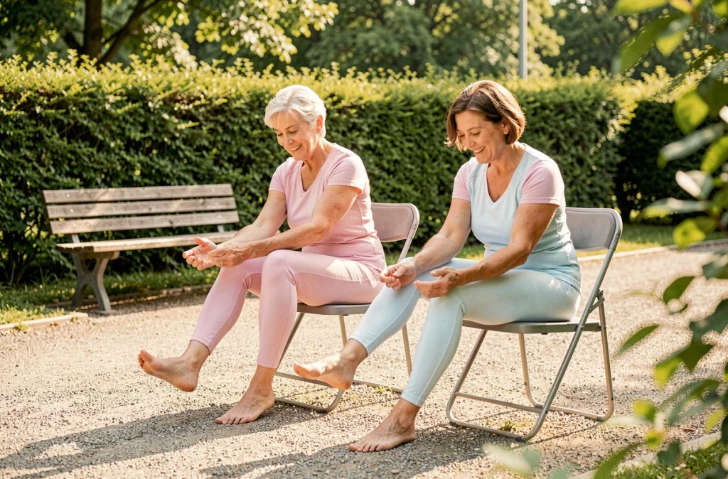 Deux femmes seniors réalisant des exercices de rotation de chevilles en plein air dans un parc, séance de gymnastique douce pour assouplir les articulations