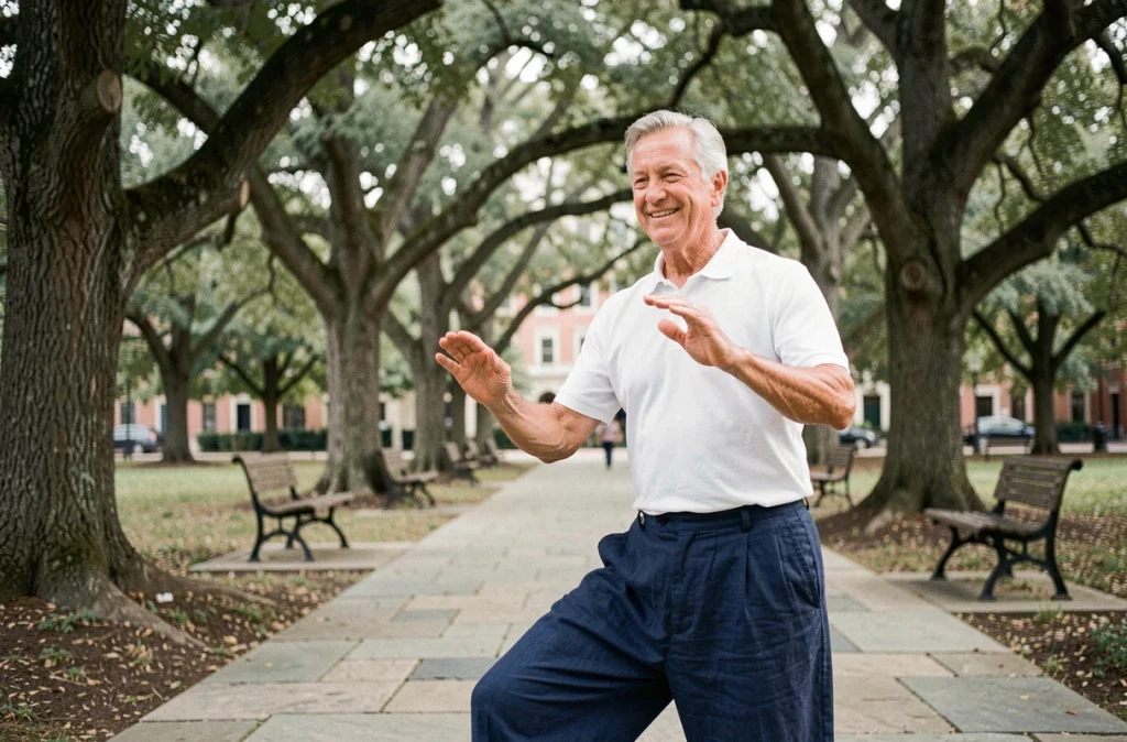 Homme de 60 ans pratiquant le tai chi dans un parc urbain boisé pour affiner sa silhouette en douceur