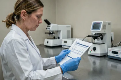Technicienne de laboratoire médical analysant un bilan sanguin avec résultats de VGM élevé