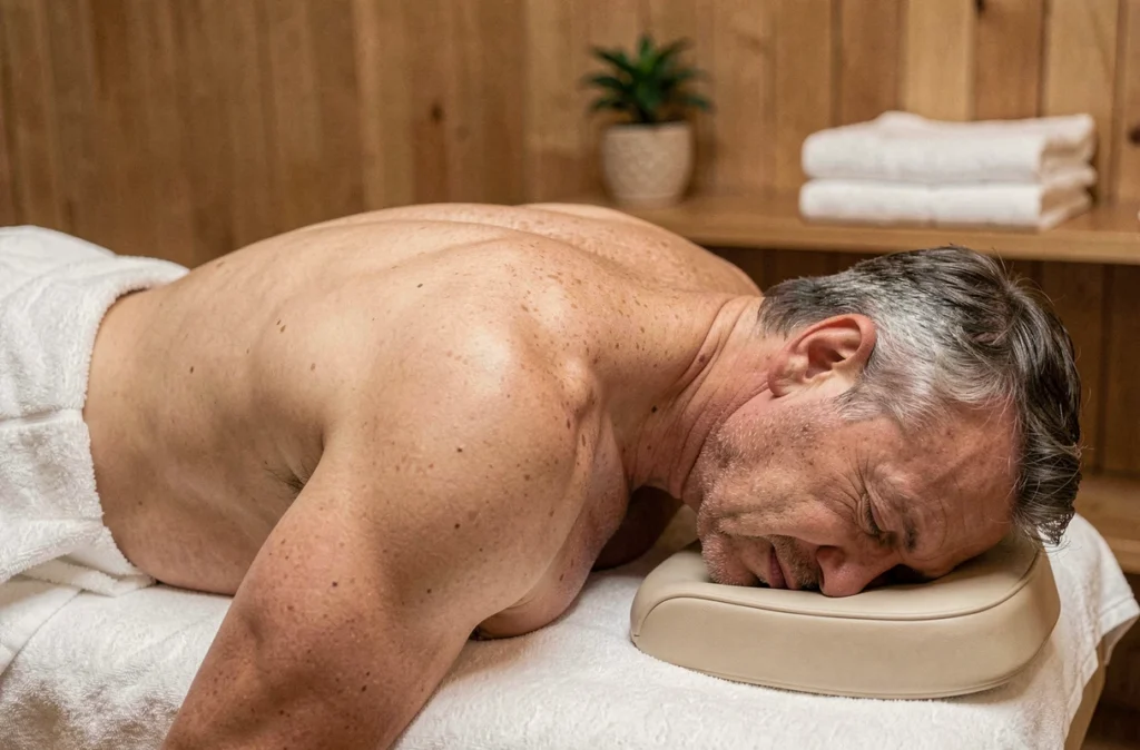Homme allongé sur une table de massage montrant des tensions musculaires visibles dans la zone du trapèze et de la nuque, pour illustrer contracture ou nerf coincé