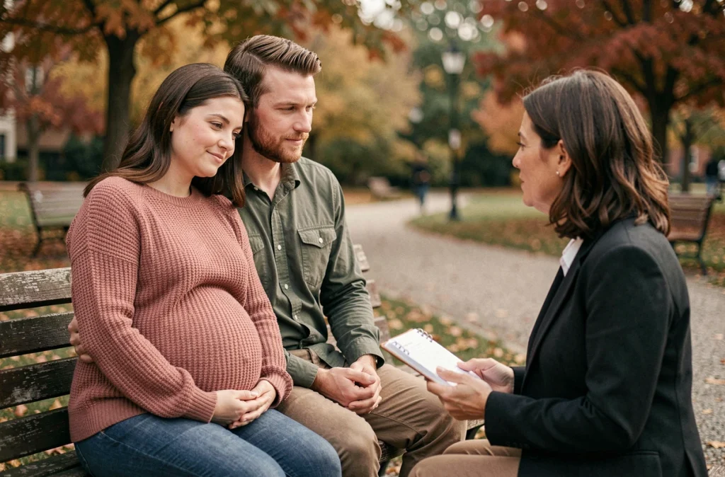 Couple attendant un bébé en séance de thérapie de couple en plein air avec une psychologue