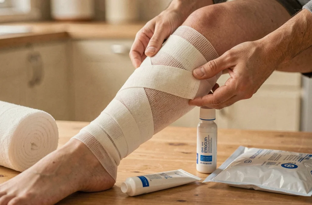 Application d'un bandage compressif sur un genou à domicile pour soulager un kyste avant une chirurgie